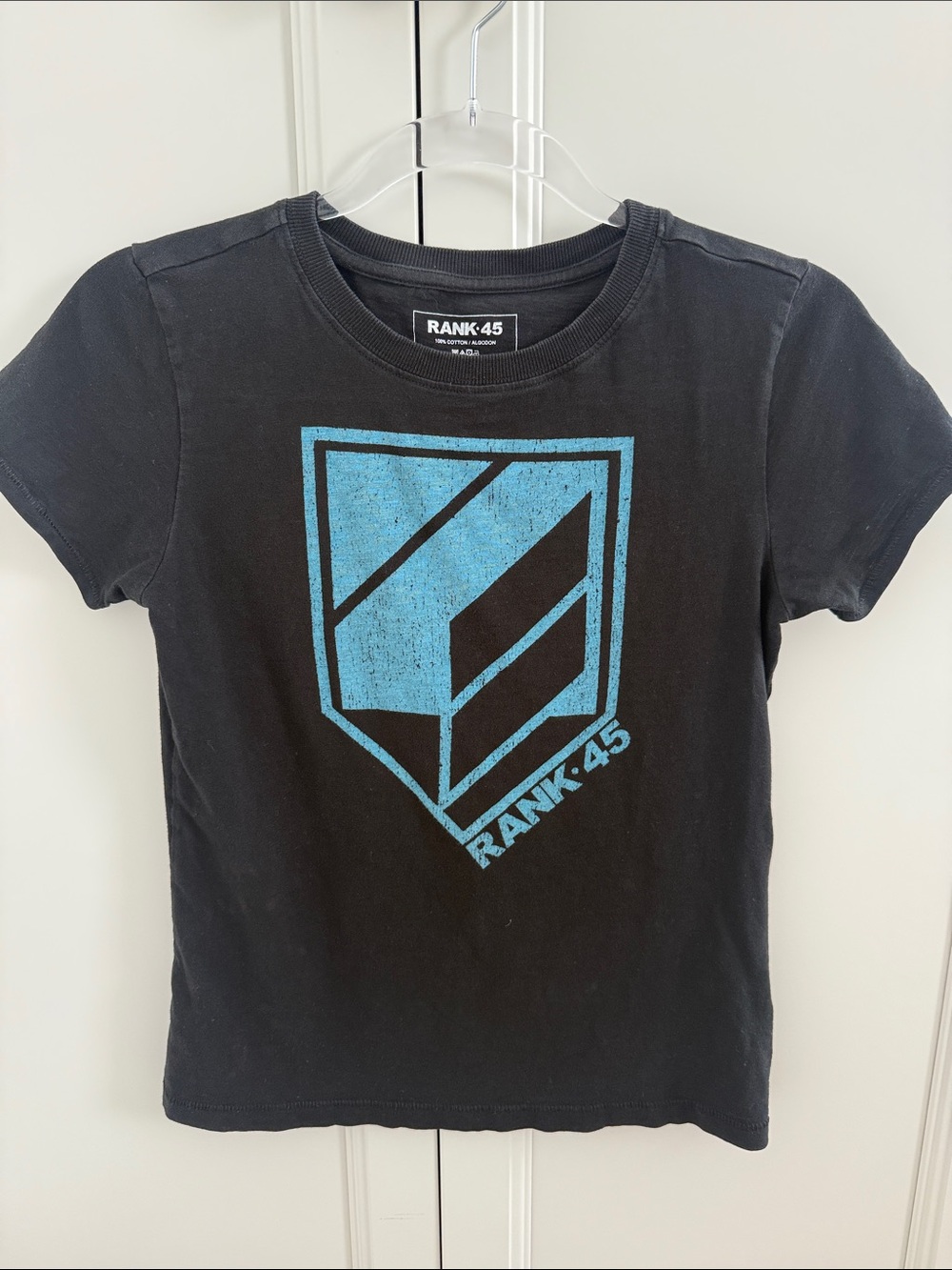 Rank:45 Girls' Black Short-Sleeve Tee with Blue Shield Graphic